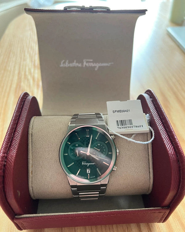 Salvatore Ferragamo Sapphire Chrono Green Dial Silver Steel Strap Watch for Men - SFME00421 Buy Now By Salvatore Ferragamo