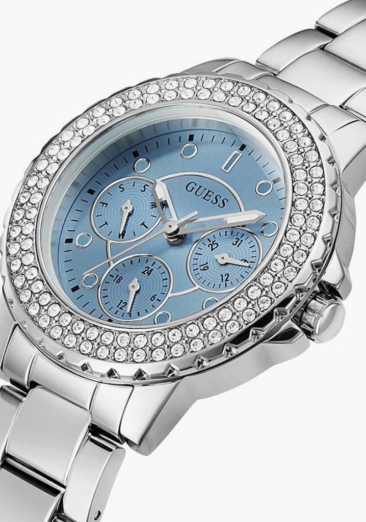Guess Crown Jewel Diamonds Blue Dial Silver Steel Strap Watch for Women - GW0410L1 Buy Now By Guess