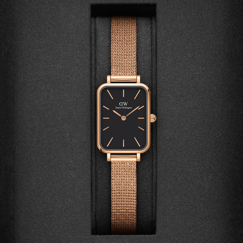 Daniel Wellington Quadro Melrose Black Dial Rose Gold Mesh Bracelet Watch For Women - DW00100432 Buy Now By Daniel Wellington