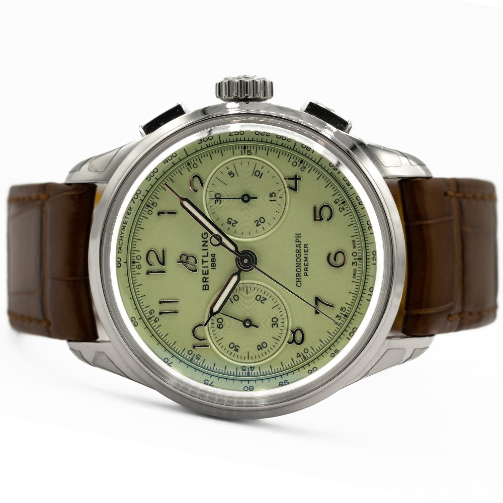 Breitling Premier B09 Chronograph 40 Green Dial Brown Leather Strap Watch for Men - AB0930D31L1P1 Buy Now By Breitling