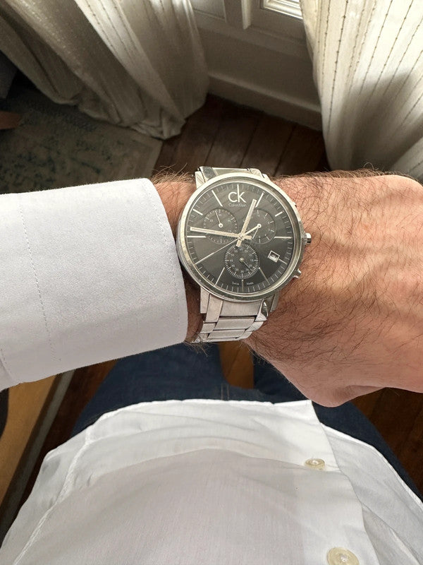 Calvin Klein Post Minimal Chronograph Black Dial Silver Steel Strap Watch for Men - K7627161 Buy Now By Calvin Klein