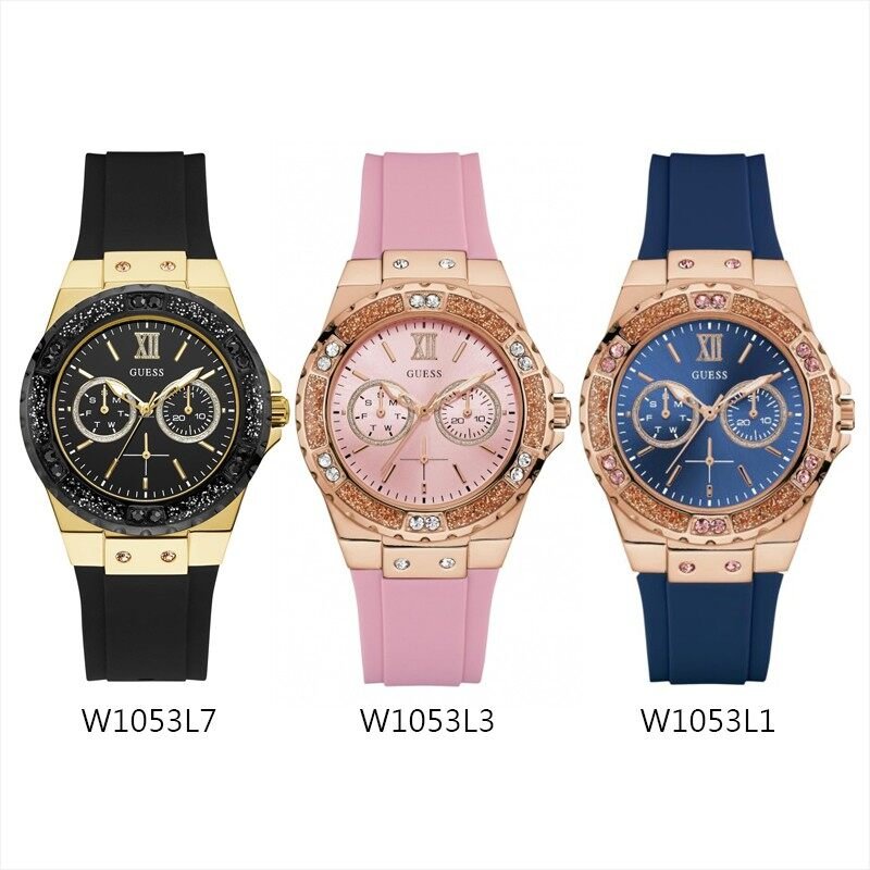 Guess Rose Gold Dial with Diamonds Pink Rubber Strap Watch For Women - W1053L3 Buy Now By Guess