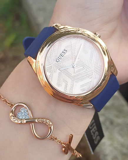 Guess Cubed Analog Rose Gold Dial Blue Leather Strap Watch For Women - GW0665L2 Buy Now By Guess