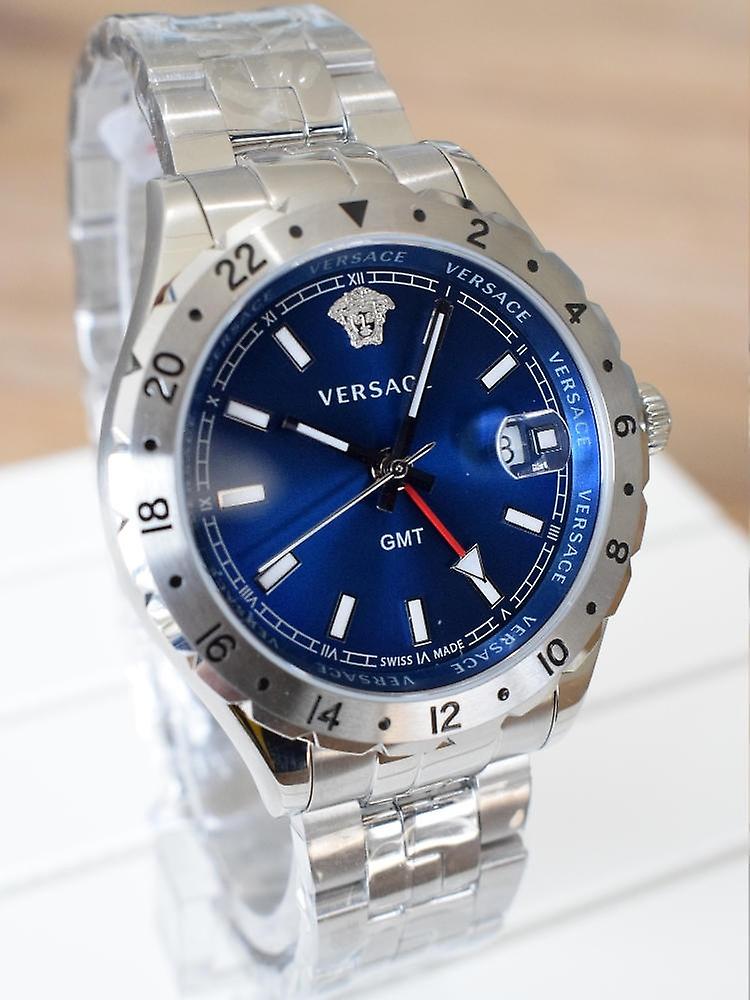 Versace Hellenyium GMT Blue Dial Silver Steel Strap Watch for Men - V11010015 Buy Now By Versace