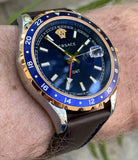 Versace Hellenyium GMT Blue Dial Brown Leather Strap Watch for Men - V11080017 Buy Now By Versace