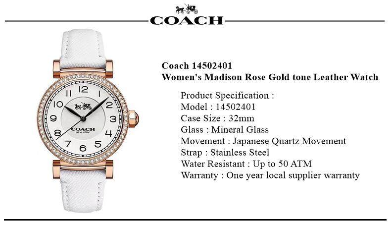 Coach Madison White Dial White Leather Strap Watch for Women - 14502401 Buy Now By Coach