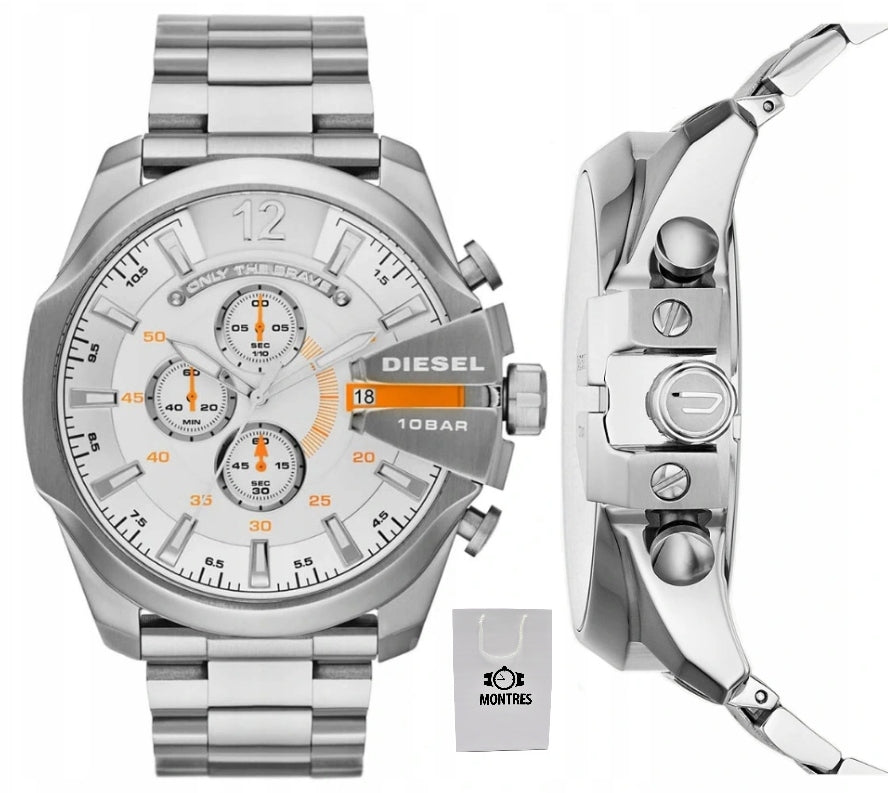 Diesel Mega Chief Chronograph White Dial Silver Steel Strap Watch For Men - DZ4328 Buy Now By Diesel