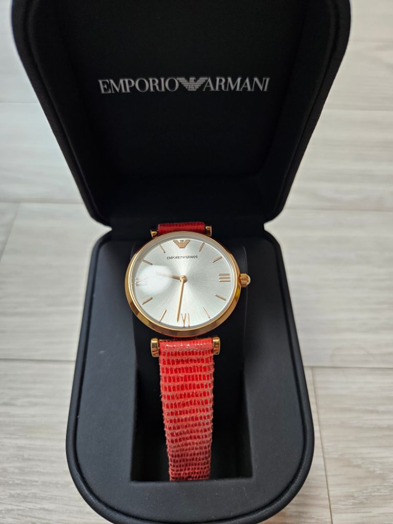 Emporio Armani Gianni T Bar Silver Dial Red Leather Strap Watch For Women - AR1876 Buy Now By Emporio Armani