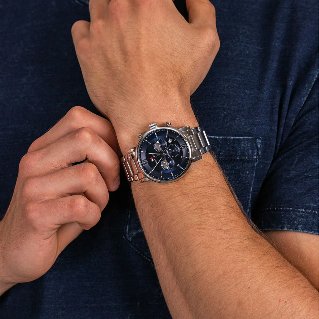 Tommy Hilfiger Evan Chronograph Blue Dial Silver Steel Strap Watch For Men - 1710409 Buy Now By Tommy Hilfiger