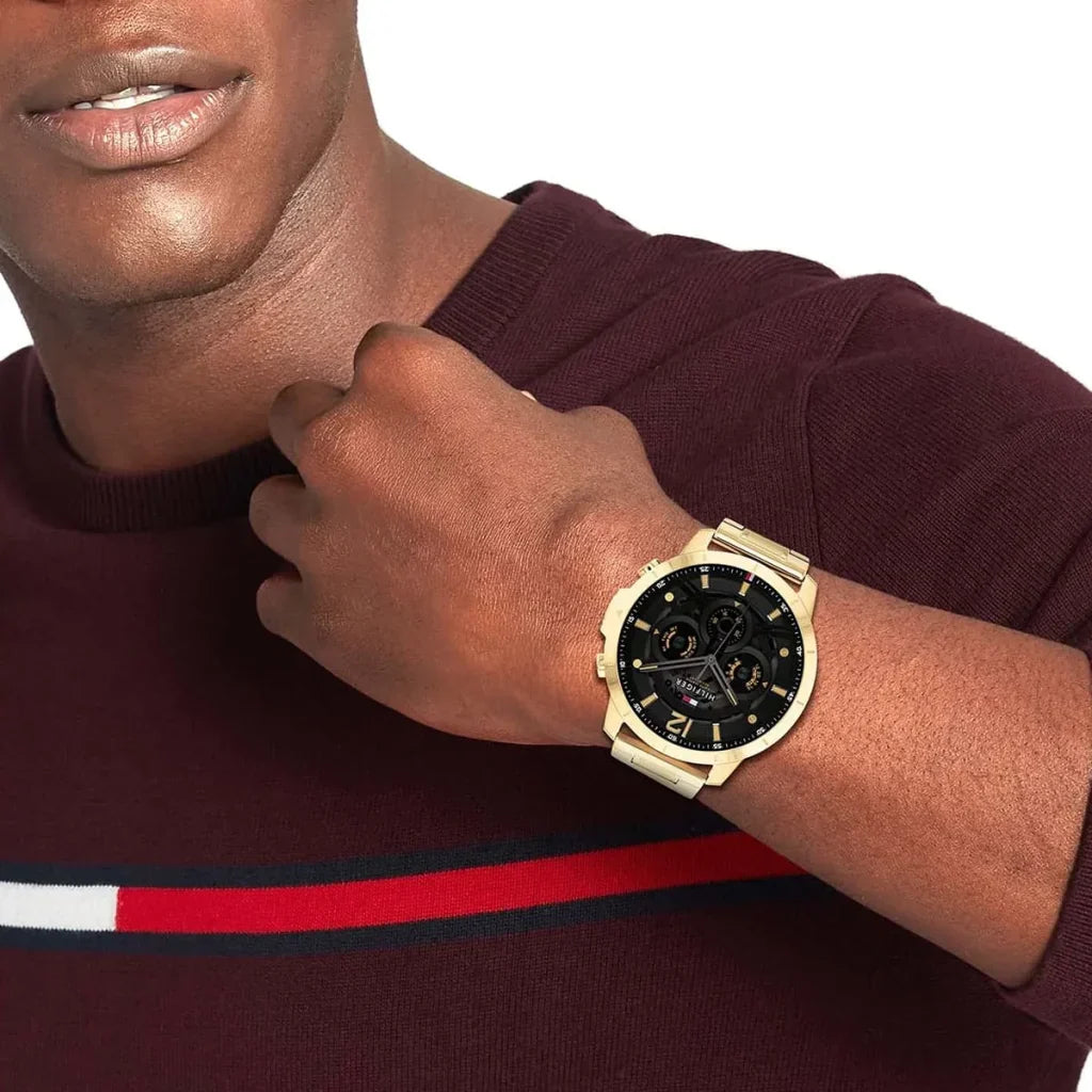 Tommy Hilfiger Luca Chronograph Black Dial Gold Steel Strap Watch For Men - 1710511 Buy Now By Tommy Hilfiger