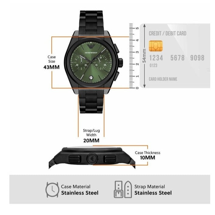 Emporio Armani Federico Chronograph Green Dial Black Steel Strap Watch For Men - AR11562 Buy Now By Emporio Armani