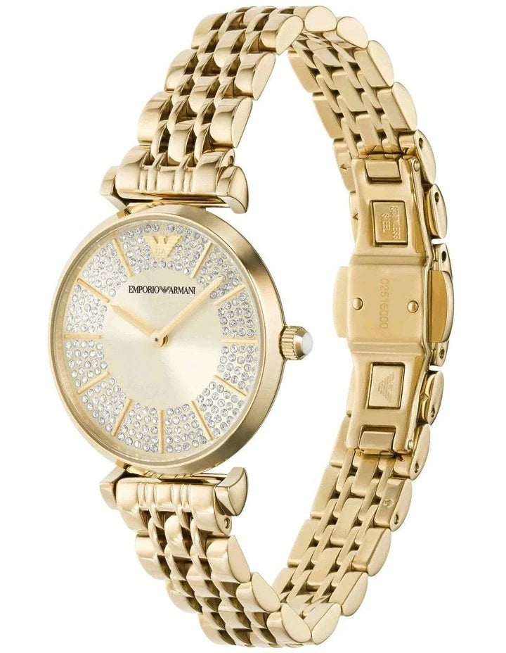 Emporio Armani Gianni T Bar Analog Crystals Gold Dial Gold Steel Strap Watch For Women - AR11608 Buy Now By Emporio Armani