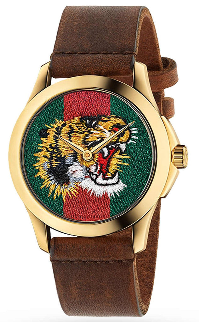 Gucci Le Marche Des Merveilles Red & Green Dial Brown Leather Strap Unisex Watch - YA126497 Buy Now By Gucci