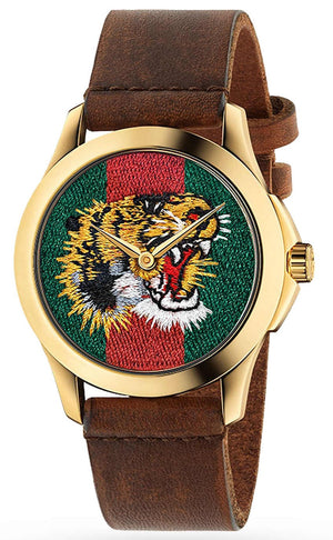 Gucci Le Marche Des Merveilles Red & Green Dial Brown Leather Strap Unisex Watch - YA126497 Buy Now By Gucci
