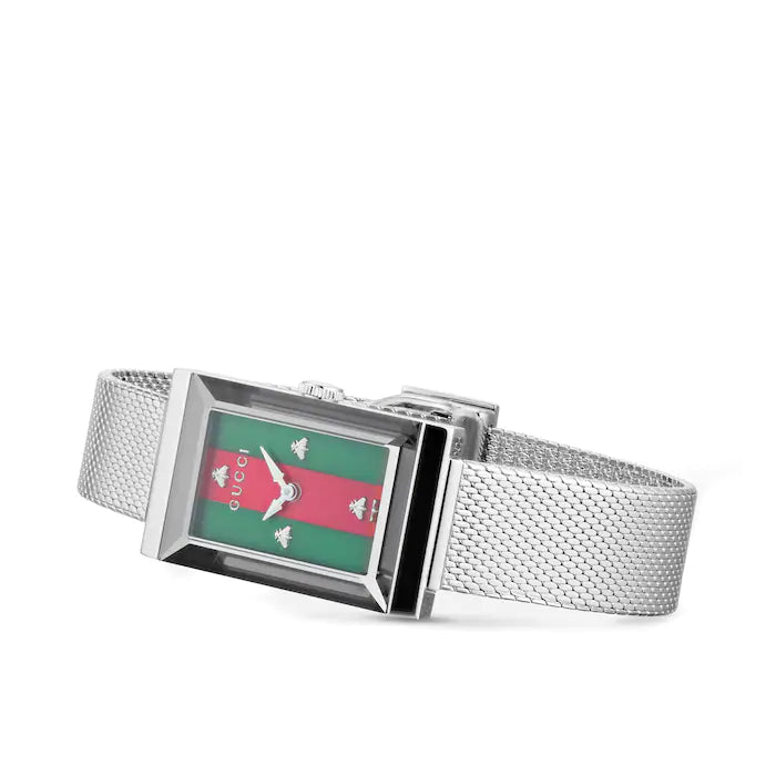Gucci G Frame Quartz Diamonds Green & Red Mother of Pearl Dial Silver Mesh Bracelet Watch For Women - YA147510 Buy Now By Gucci