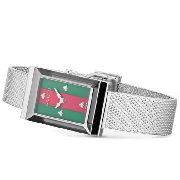 Gucci G Frame Red and Green Dial Silver Mesh Bracelet Watch For Women - YA147401 Buy Now By Gucci