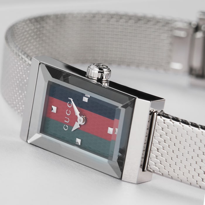 Gucci G Frame Quartz Diamonds Green & Red Mother of Pearl Dial Silver Mesh Bracelet Watch For Women - YA147510 Buy Now By Gucci