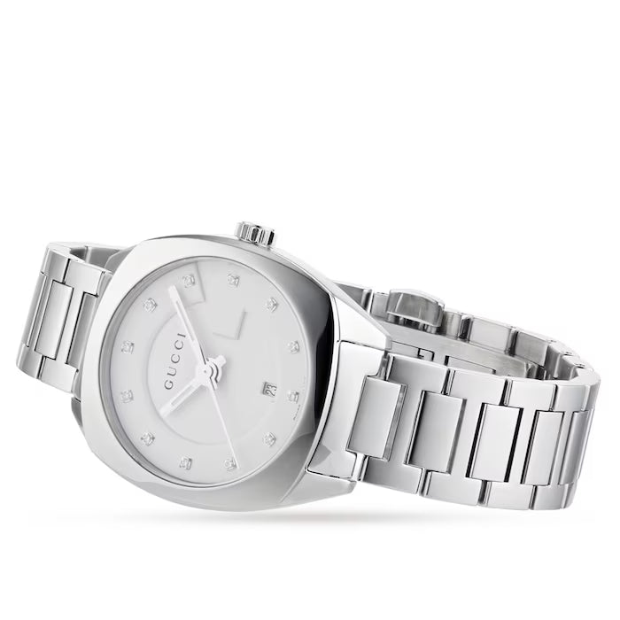Gucci G Frame Quartz Diamonds Silver Dial Silver Steel Strap Watch For Women - YA142504 Buy Now By Gucci