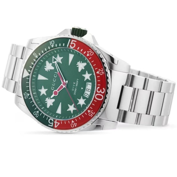 Gucci Dive Quartz Green Dial Silver Steel Strap Watch For Men - YA136222 Buy Now By Gucci