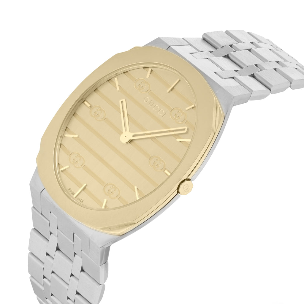 Gucci 25H Quartz Gold Dial Silver Steel Strap Watch for Men - YA163405 Buy Now By Gucci