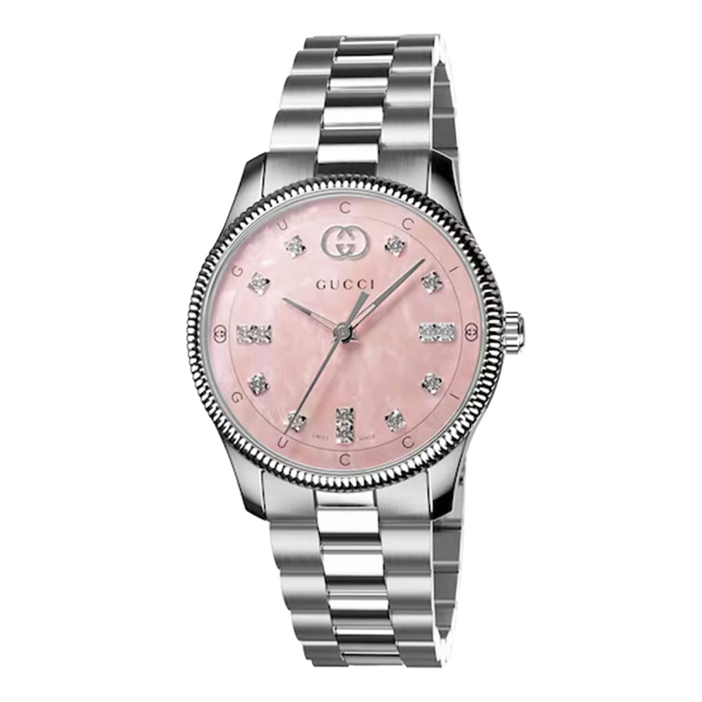 Gucci G Timeless Diamonds Mother of Pearl Pink Dial Silver Steel Strap Watch for Women - YA1265062 Buy Now By Gucci