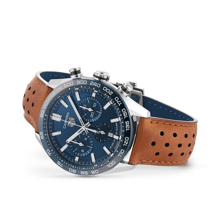 Tag Heuer Carrera Automatic Chronograph Blue Dial Brown Leather Strap Watch for Men - CBN2A1A.FC6537 Buy Now By Tag Heuer