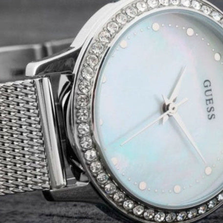 Guess Chelsea Mother of Pearl White Dial Silver Mesh Strap Watch For Women - W0647L1 Buy Now By Guess