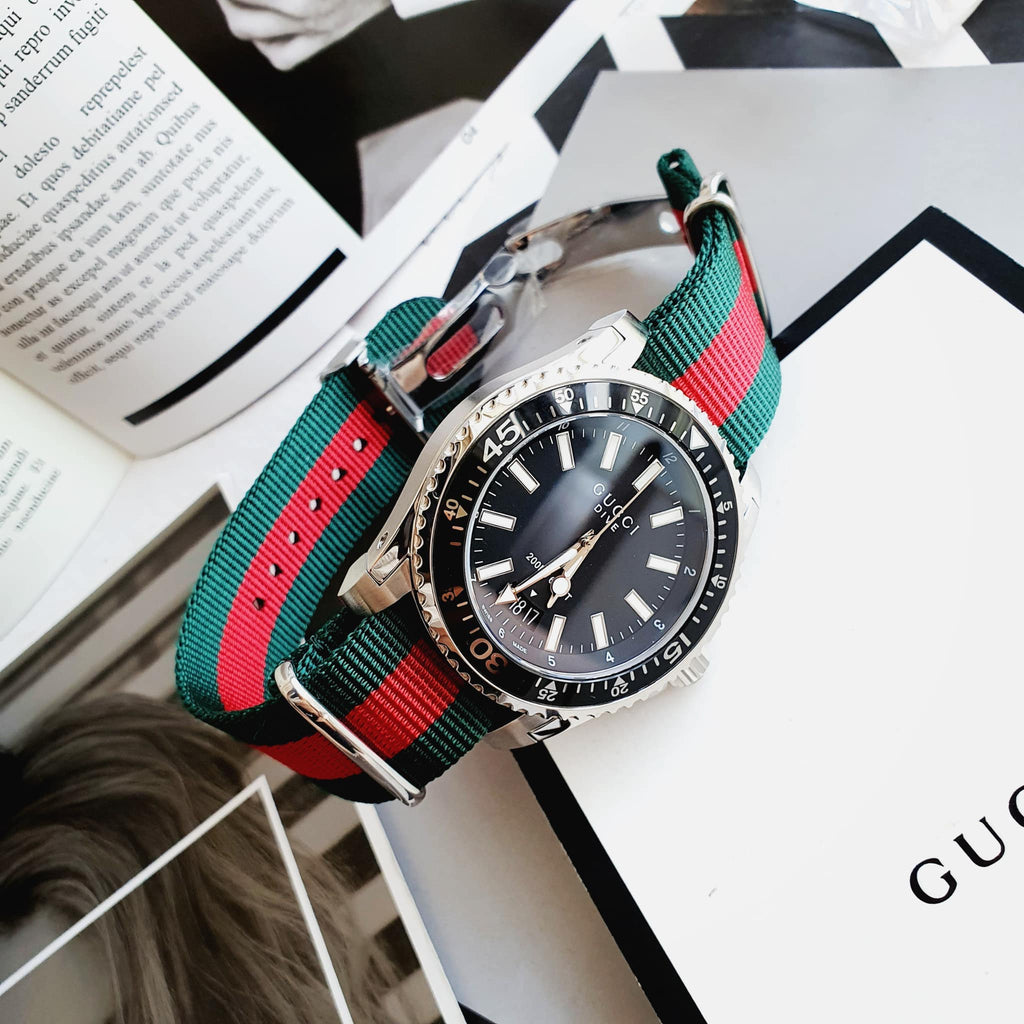 Gucci Dive Black Dial Two Tone NATO Strap Watch For Men - YA136206 Buy Now By Gucci