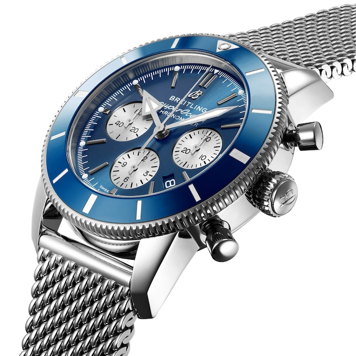 Breitling Superocean Heritage B01 Chronograph 44 Blue Dial Silver Mesh Bracelet Watch for Men - AB0162161C1A1 Buy Now By Breitling