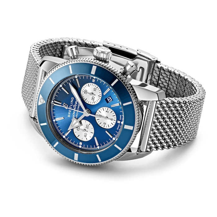 Breitling Superocean Heritage B01 Chronograph 44 Blue Dial Silver Mesh Bracelet Watch for Men - AB0162161C1A1 Buy Now By Breitling