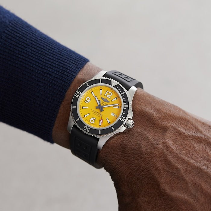 Breitling Superocean Automatic 44mm Yellow Dial Black Rubber Strap Watch for Men - A17367021I1S1 Buy Now By Breitling