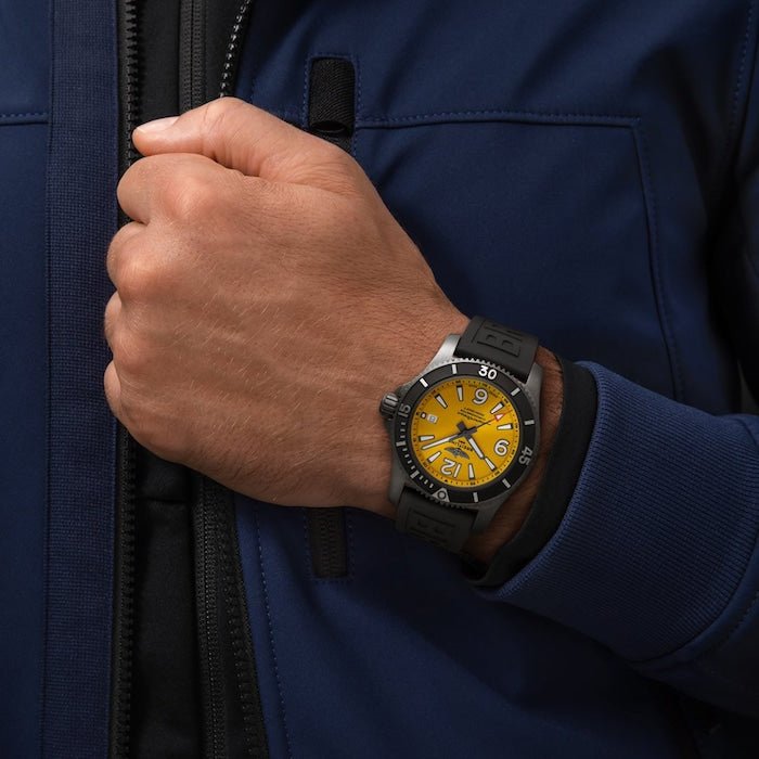 Breitling Superocean Automatic 46mm Yellow Dial Black Rubber Strap Watch for Men - M17368D71I1S1 Buy Now By Breitling