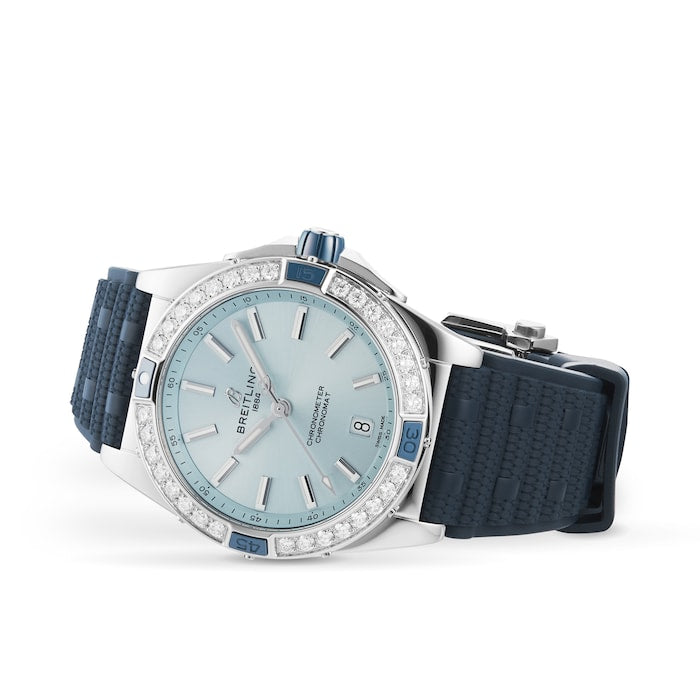 Breitling Super Chronomat Automatic 38 Diamonds Blue Dial Blue Rubber Strap Watch for Women - A17356531C1S1 Buy Now By Breitling