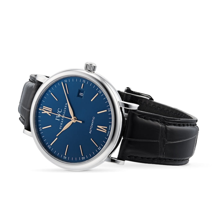 IWC Portofino Automatic Blue Dial Black Leather Strap Watch for Men - IW356523 Buy Now By IWC