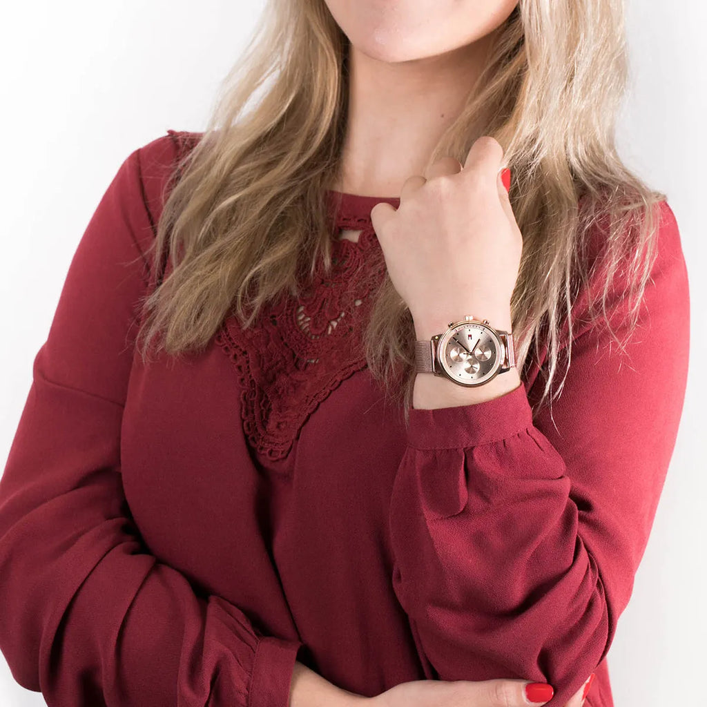 Tommy Hilfiger Blake Chronograph Rose Gold Dial Rose Gold Mesh Bracelet Watch For Women - 1781907 Buy Now By Tommy Hilfiger