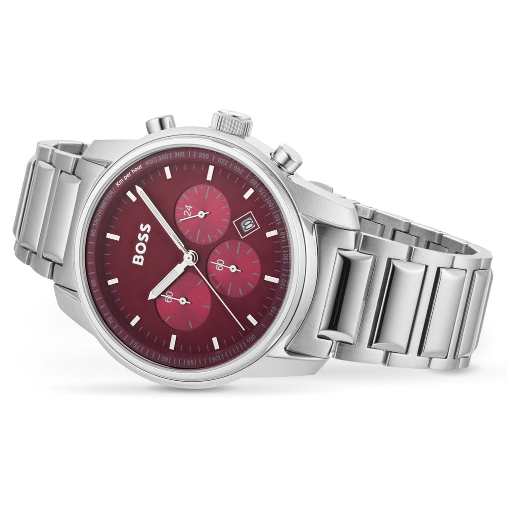 Hugo Boss Trace Chronograph Red Dial Silver Steel Strap Watch For Men - 1514004 Buy Now By Hugo Boss