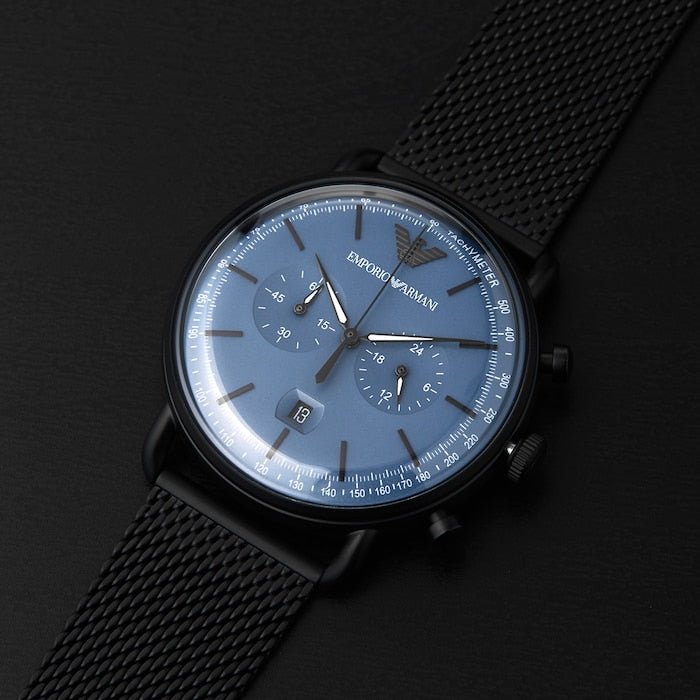 Emporio Armani Aviator Chronograph Blue Dial Black Mesh Bracelet Watch For Men - AR11201 Buy Now By Emporio Armani