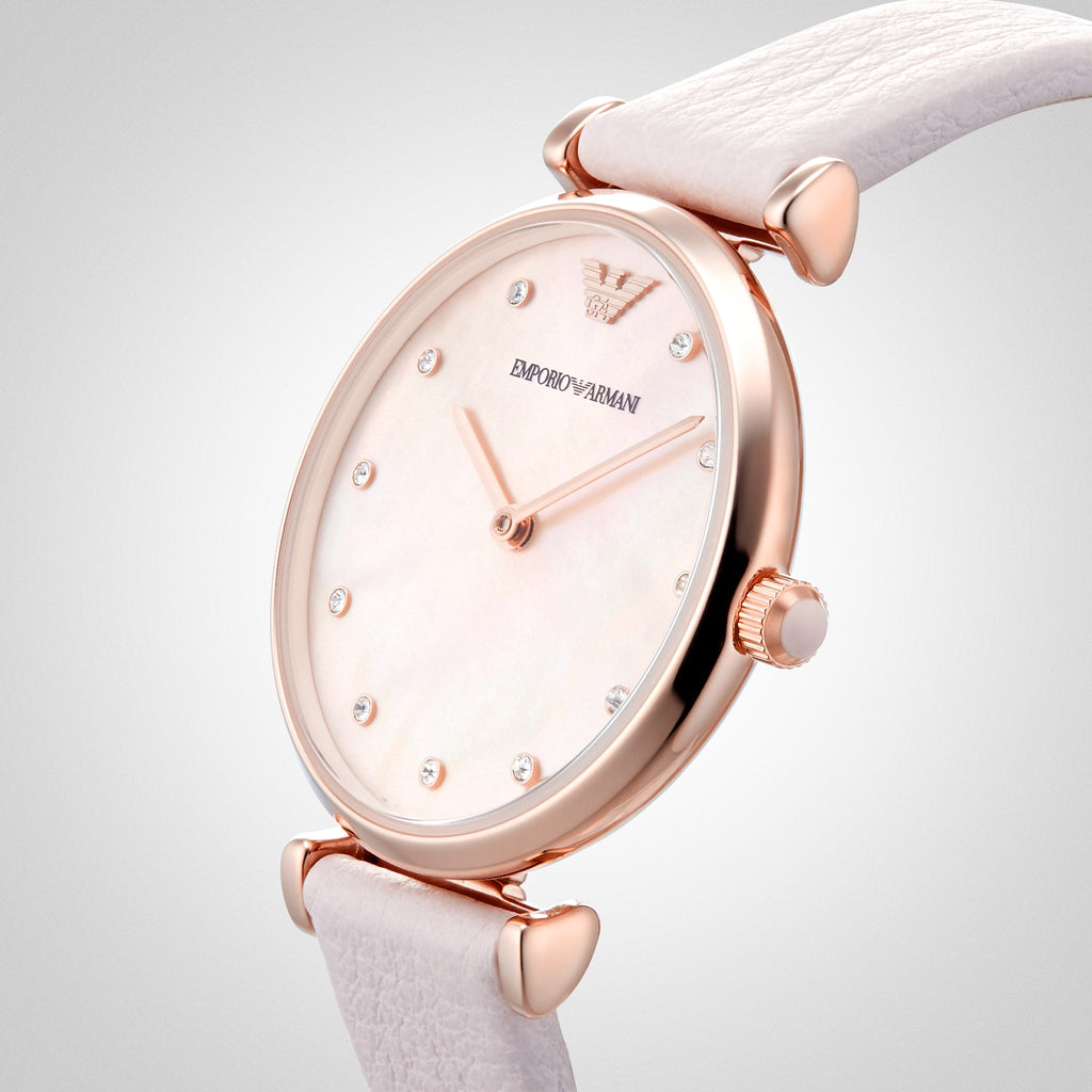 Emporio Armani Gianni T Bar Mother Of Pearl Pink Dial Pink Leather Strap Watch For Women - AR1958 Buy Now By Emporio Armani