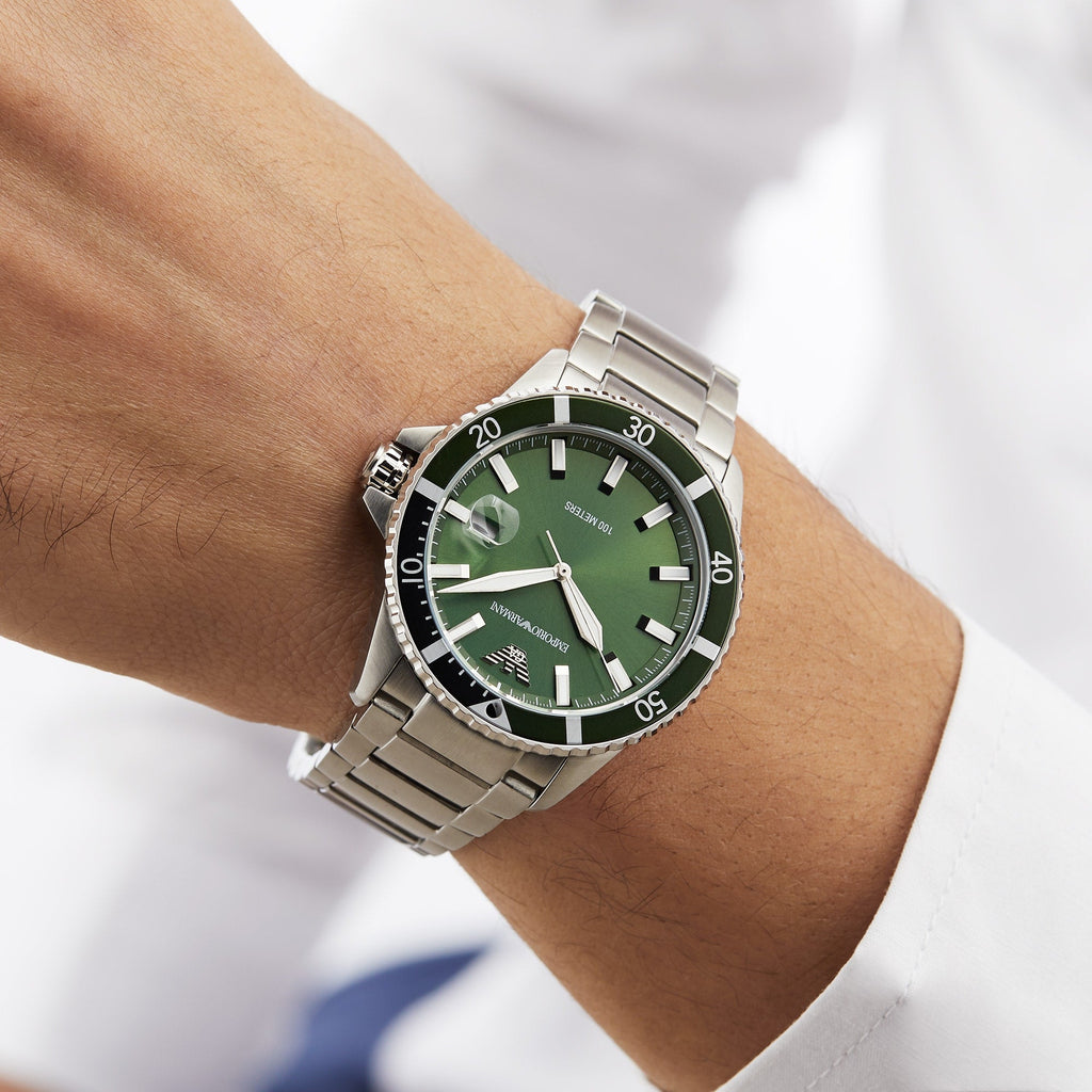 Emporio Armani Three Hand Green Dial Silver Steel Strap Watch For Men - AR11338 Buy Now By Emporio Armani
