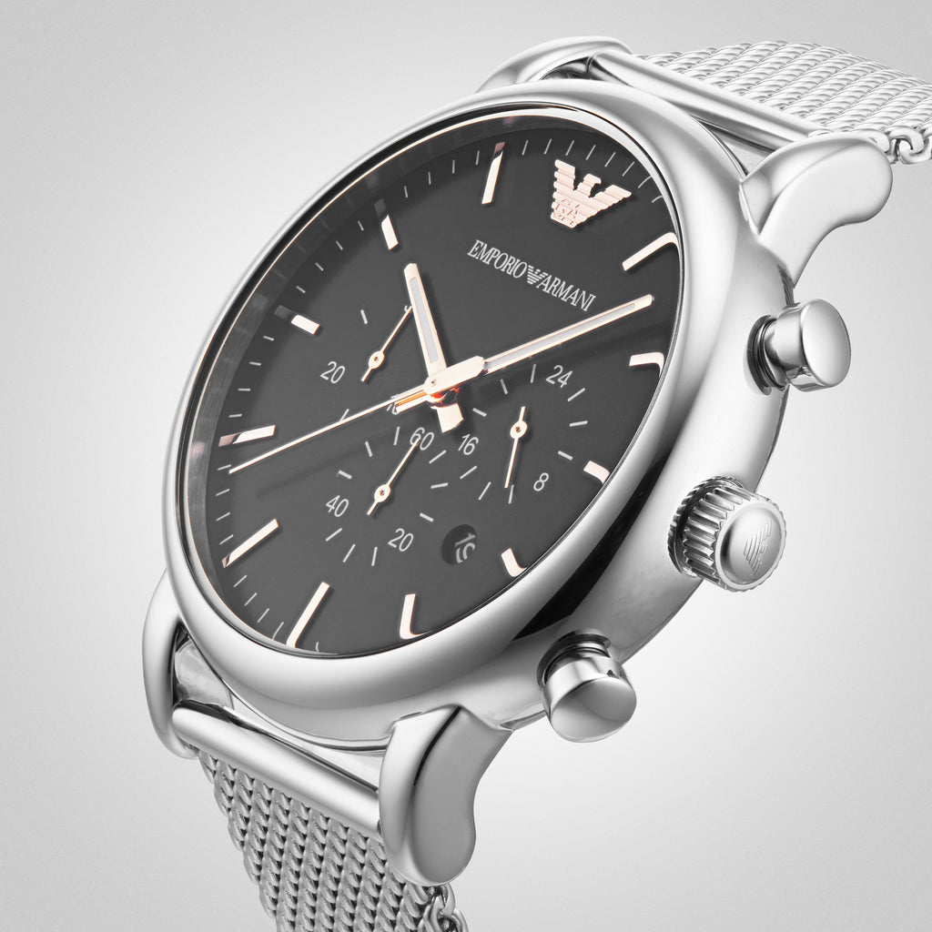 Emporio Armani Luigi Chronograph Quartz Black Dial Silver Mesh Bracelet Watch For Men - AR11429 Buy Now By Emporio Armani