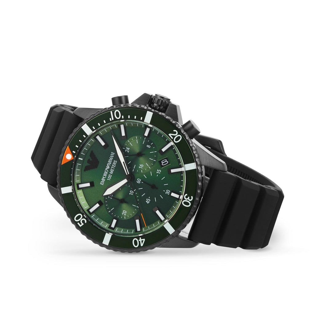 Emporio Armani Diver Chronograph Quartz Green Dial Black Silicon Strap Watch For Men - AR11463 Buy Now By Emporio Armani