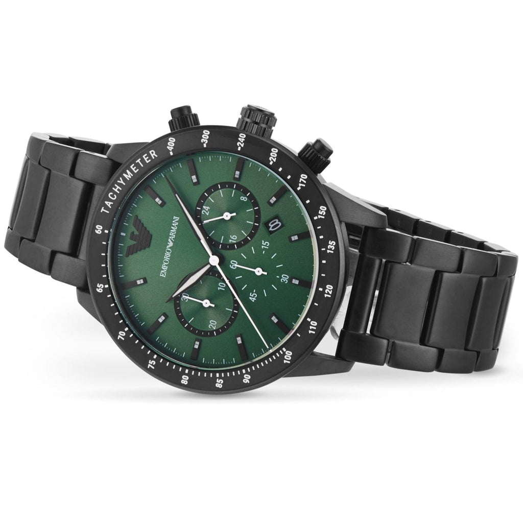 Emporio Armani Mario Chronograph Green Dial Black Steel Strap Watch For Men - AR11472 Buy Now By Emporio Armani