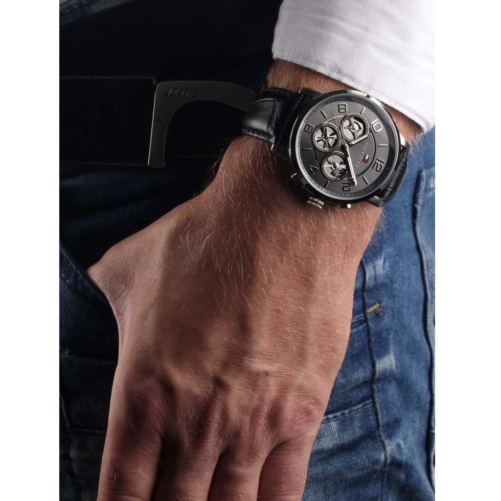 Tommy Hilfiger Keagan Quartz Grey Dial Black Leather Strap Watch for Men - 1791289