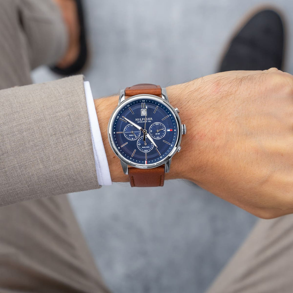 Tommy Hilfiger Kyle Multifunction Blue Dial Brown Leather Strap Watch for Men - 1791629 Buy Now By Tommy Hilfiger