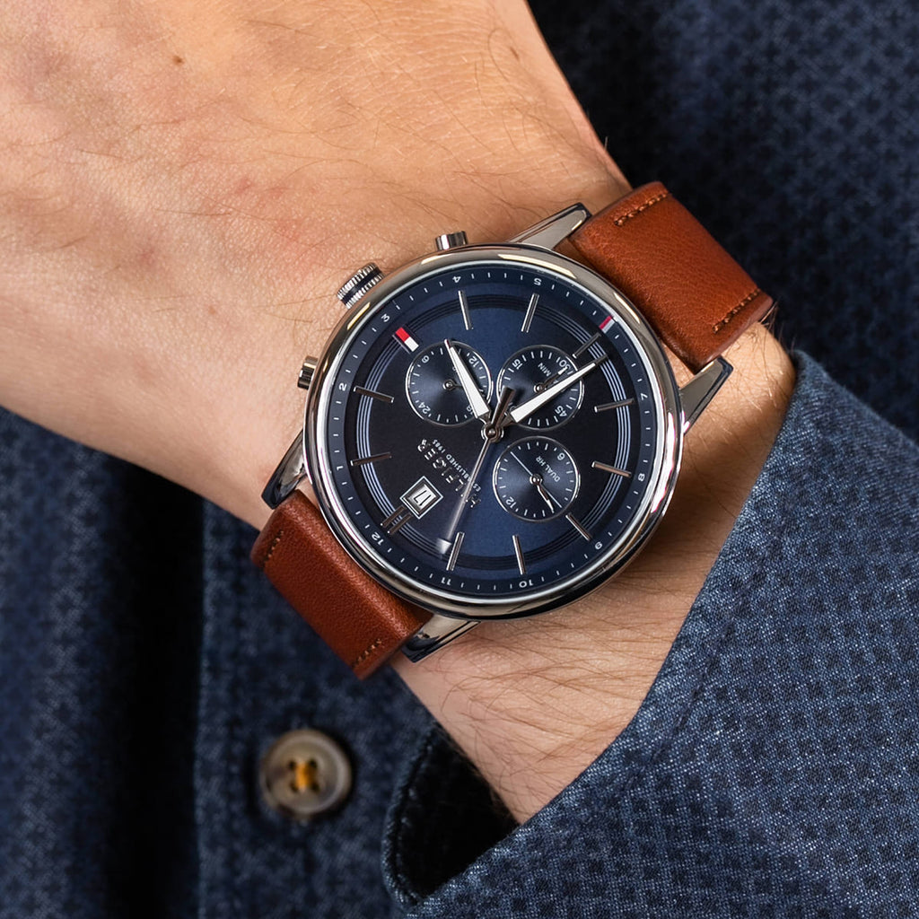 Tommy Hilfiger Kyle Multifunction Blue Dial Brown Leather Strap Watch for Men - 1791629 Buy Now By Tommy Hilfiger