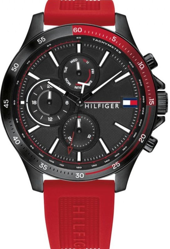 Tommy Hilfiger Multifunction Quartz Black Dial Red Rubber Strap Watch for Men - 1791722 Buy Now By Tommy Hilfiger