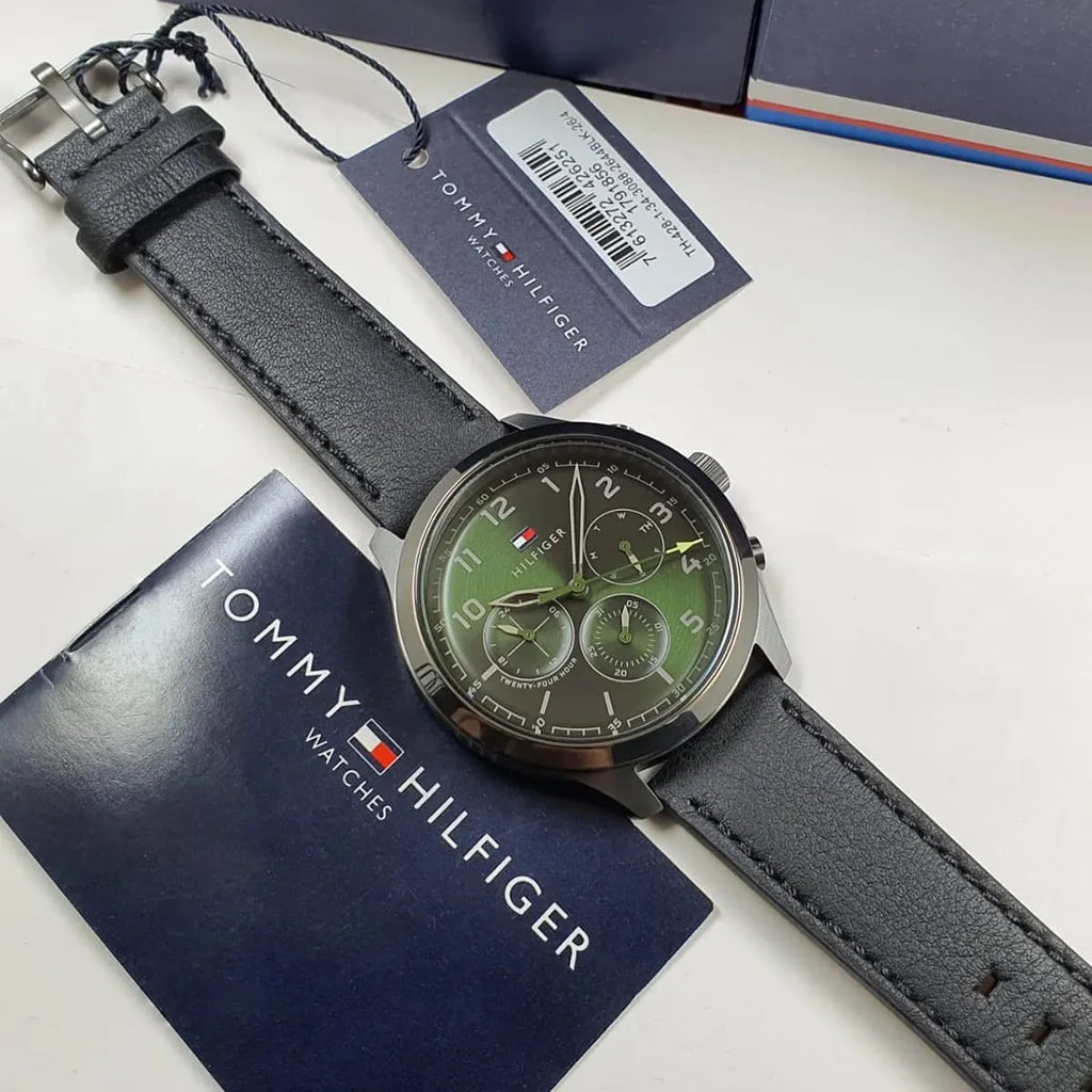 Tommy Hilfiger Asher Chronograph Green Dial Black Leather Strap Watch For Men - 1791856 Buy Now By Tommy Hilfiger