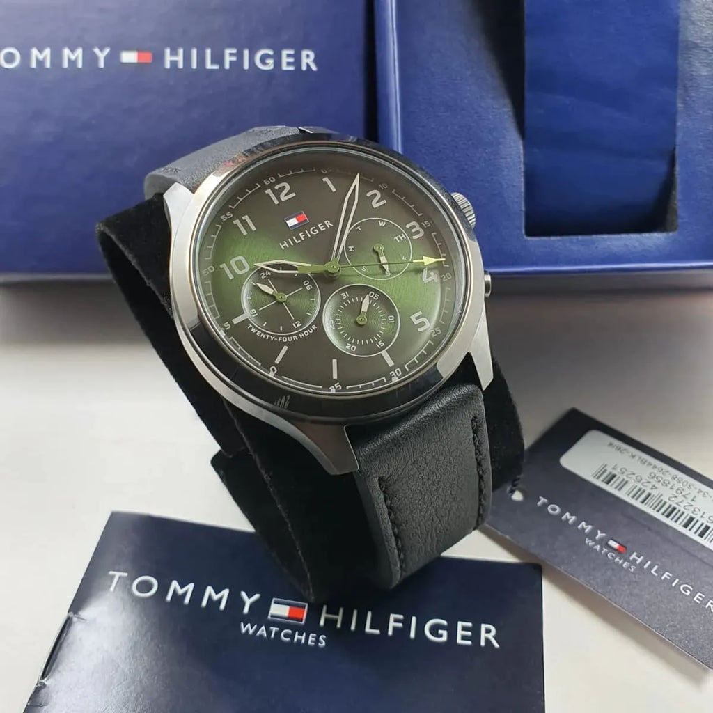 Tommy Hilfiger Asher Chronograph Green Dial Black Leather Strap Watch For Men - 1791856 Buy Now By Tommy Hilfiger