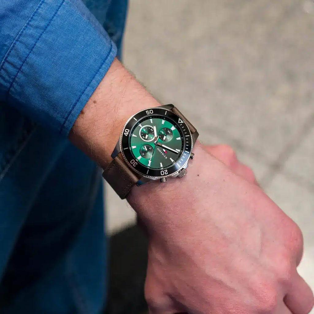 Tommy Hilfiger Larson Chronograph Green Dial Brown Leather Strap Watch For Men - 1791983 Buy Now By Tommy Hilfiger