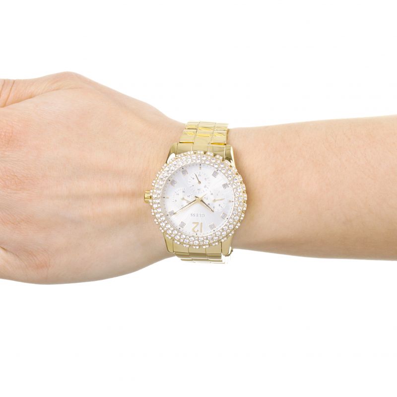 Guess Dazzler Diamonds Silver Dial Gold Steel Strap Watch for Women - W0335L2 Buy Now By Guess